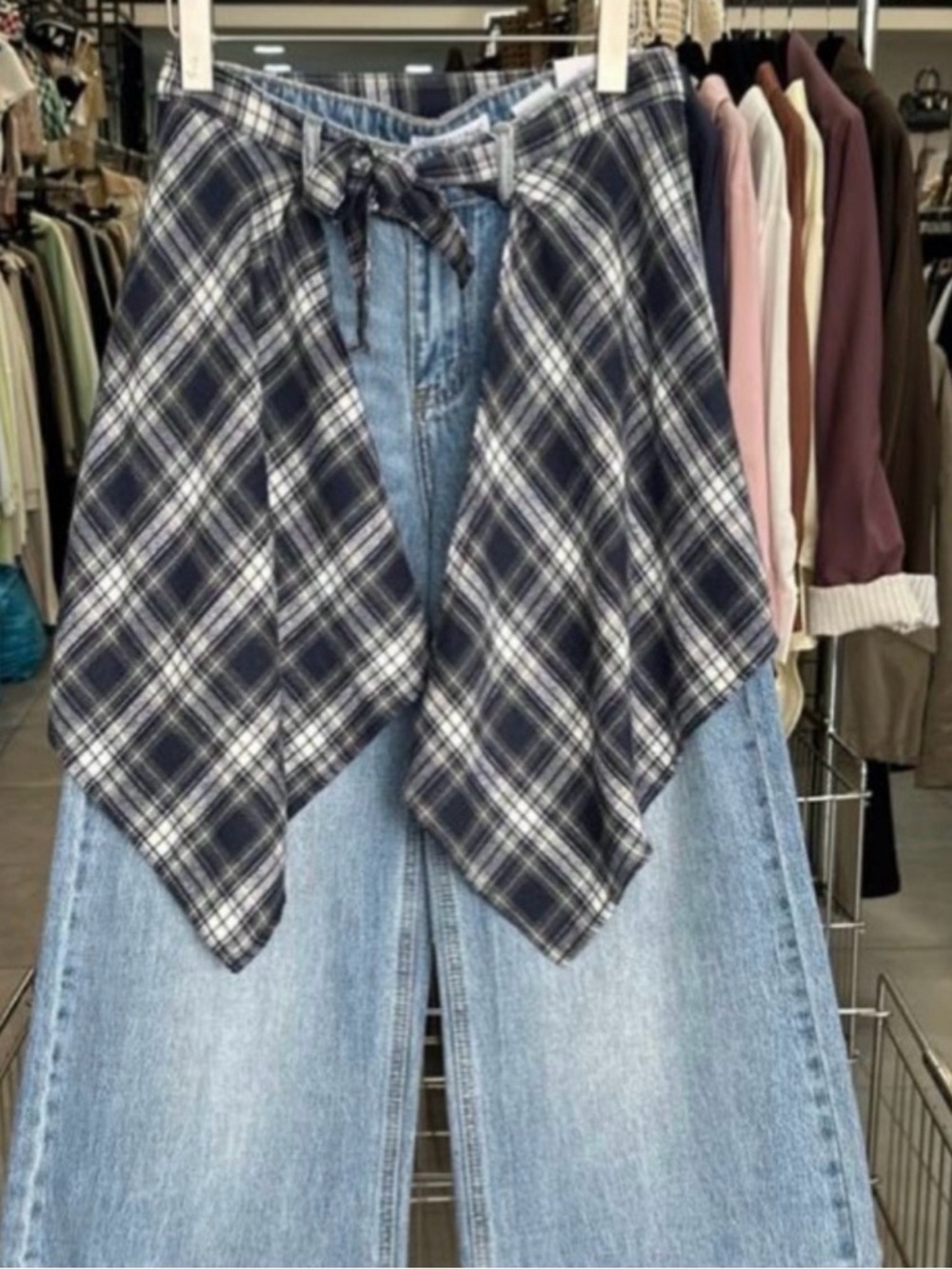 Blue Plaid Shirt Over Light Wash Wide Leg Jeans, from Italy - Picture 2 of 4